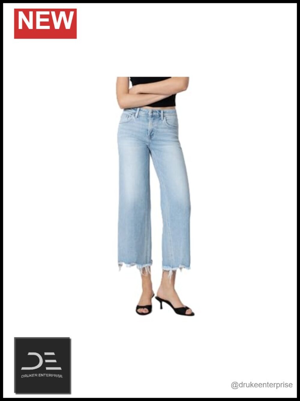 Wide Leg Crop Jeans with Raw Distressed Hem, Mid Rise, Stretch Denim